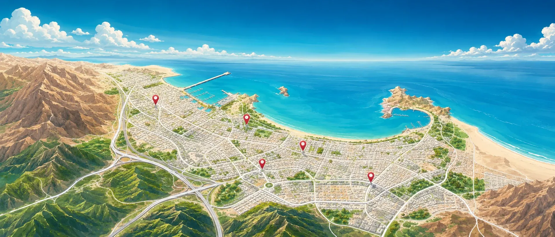 Illustrated colorful map of Muscat coastline for Partner Locations